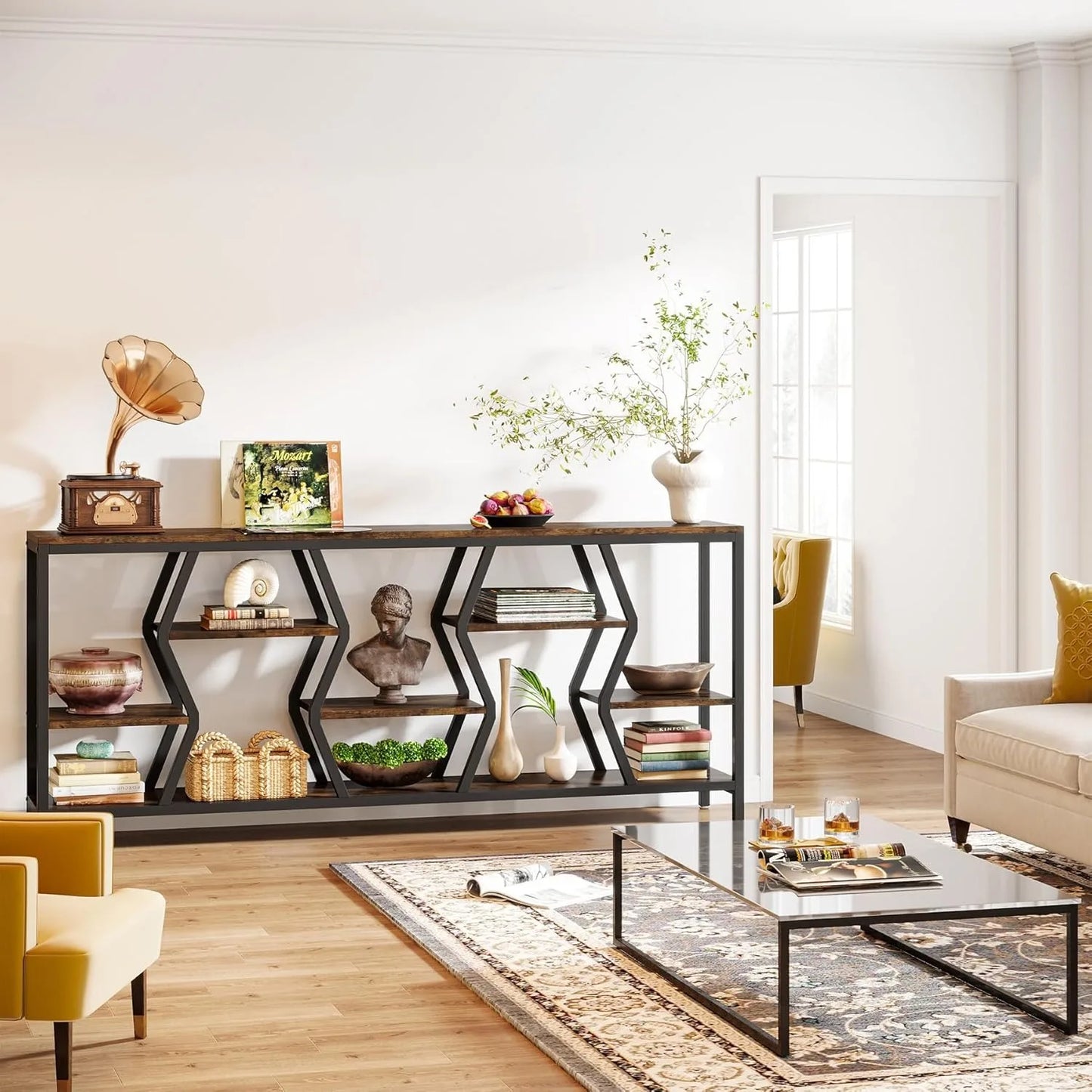 Sofa Console Table with 4 Tier Wood Storage Shelves