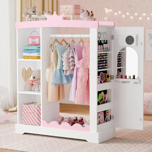 Kids Armoire with Jewelry Cabinet, Dress up Storage with Mirror and Shelves