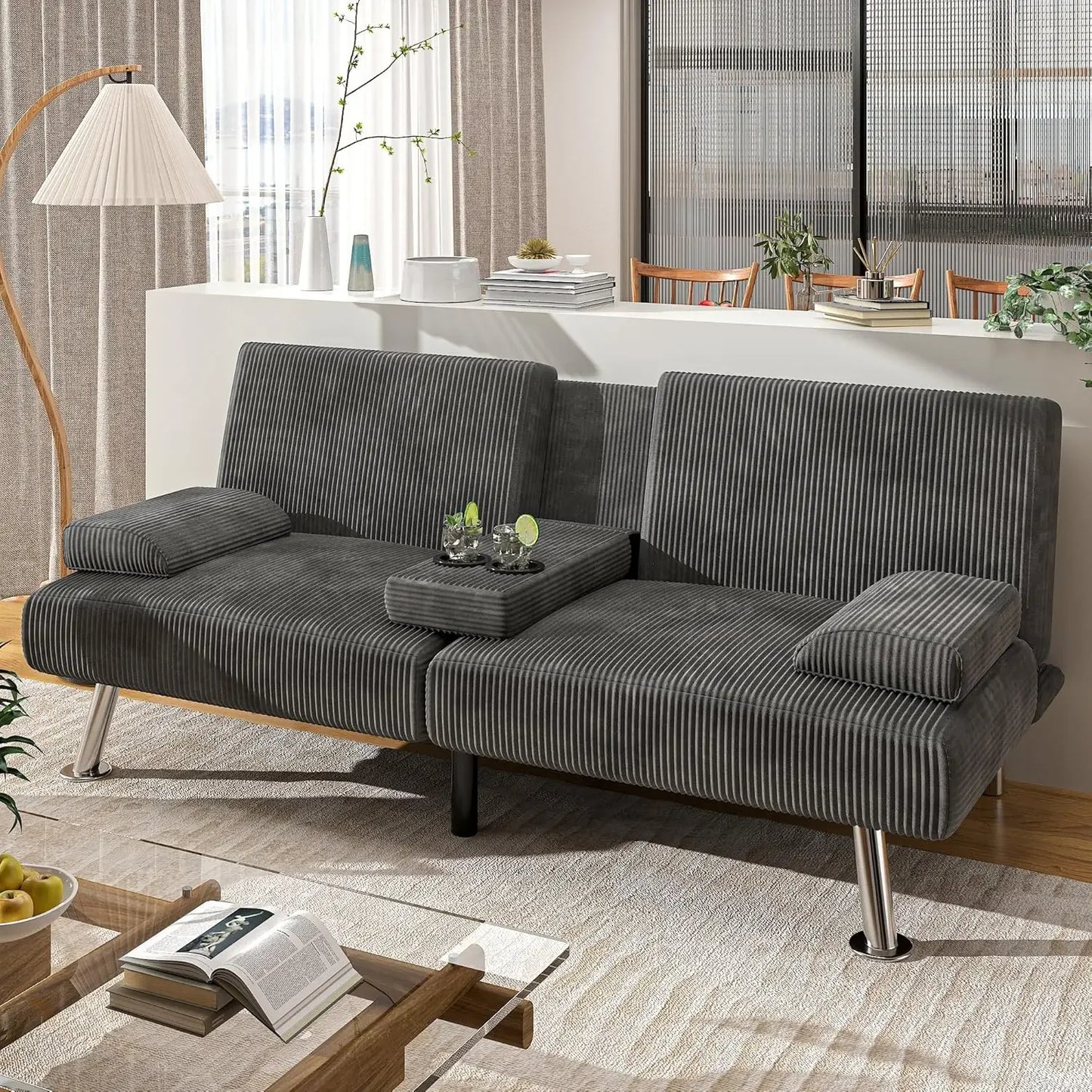 Modern Linen Upholstered Convertible Folding Futon Sofa Bed with Removable Armrests