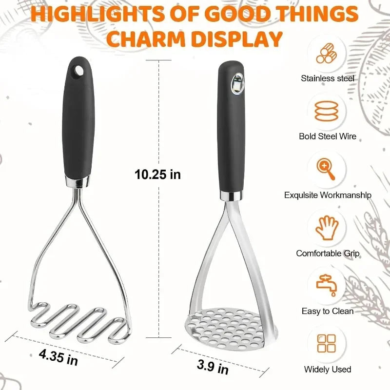 Potato Masher 2 Piece Set, Stainless Steel Potato Masher