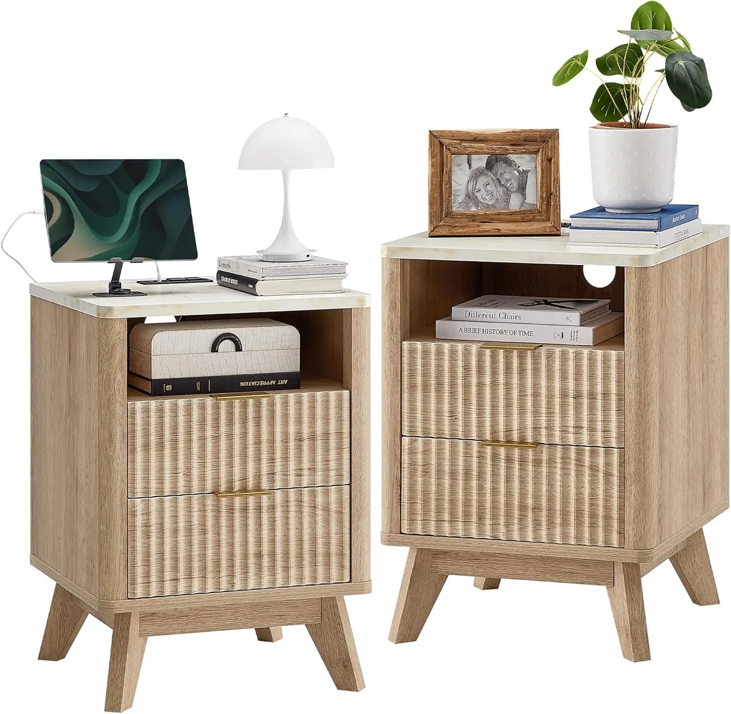 Fluted Nightstand Set of 2 with Charging Station, 18" Modern Side Table