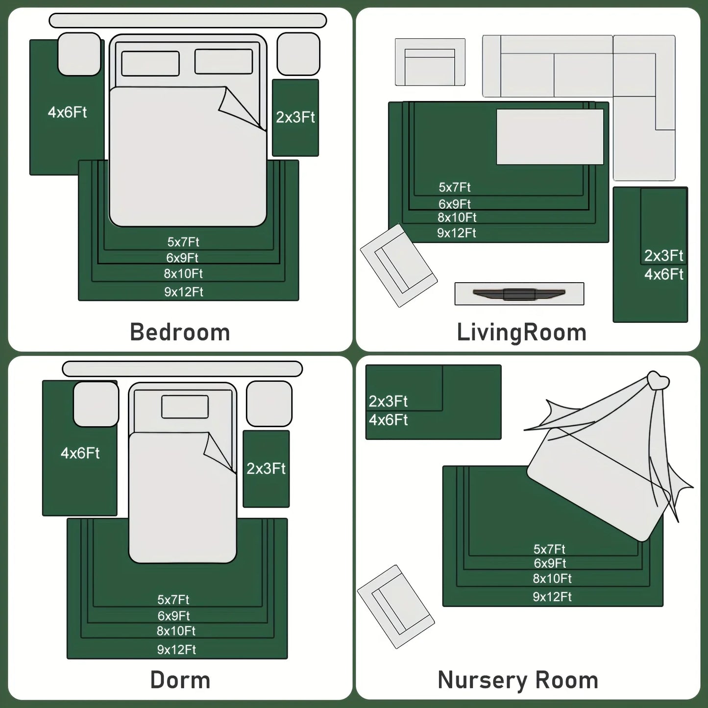 Dark Green Soft Shaggy Non-Slip Rugs, Plush Carpet with 4 Rug Stickers