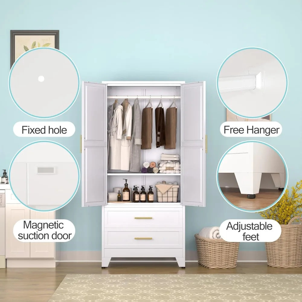 Metal Armoire Wardrobe Closet, 71 "Metal Clothing Storage Cabinet with Adjustable Shelves