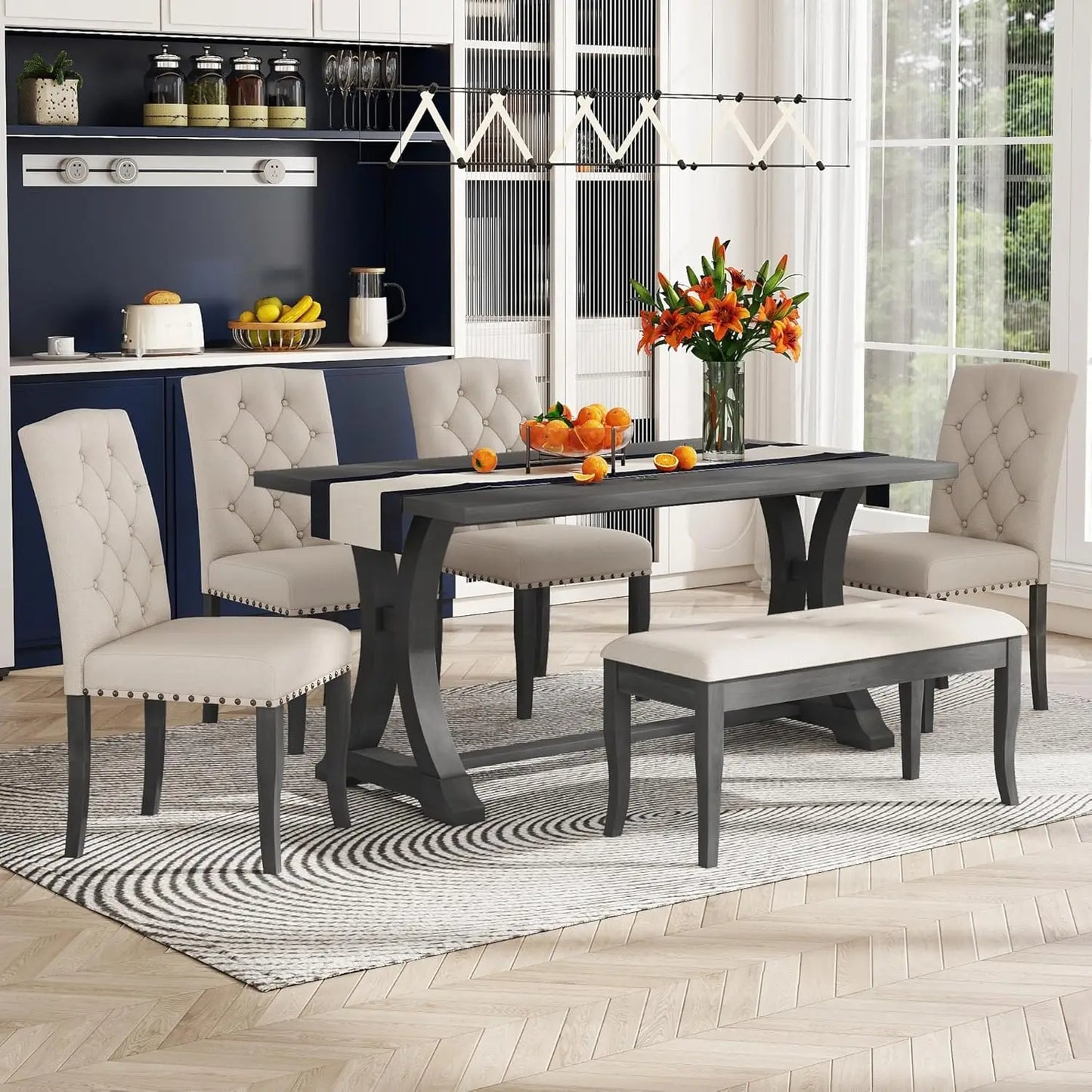 Set of 6, Farmhouse Dining Table with Chairs and Bench