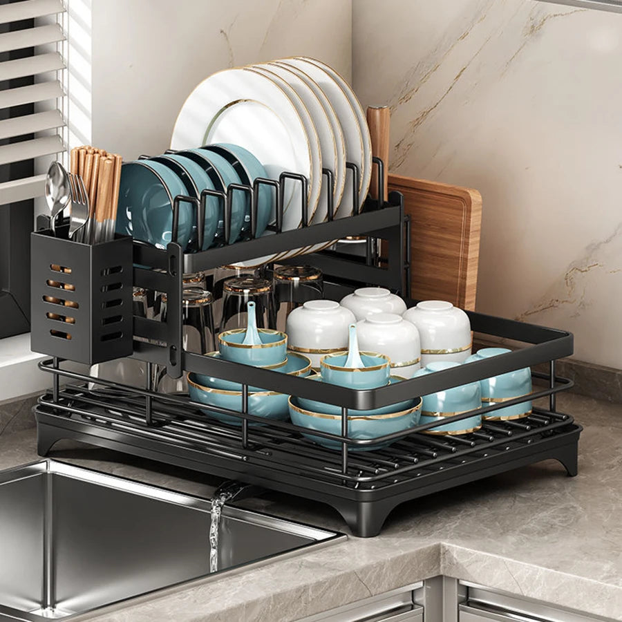 Double-layer dish drying rack suitable for kitchen countertops
