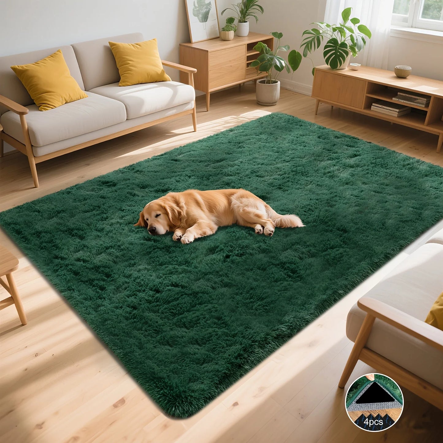 Dark Green Soft Shaggy Non-Slip Rugs, Plush Carpet with 4 Rug Stickers