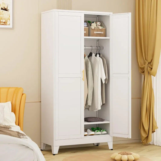 Wardrobe Closet with 2 Doors, 71" Tall Metal Clothing Storage Cabinet with Hanging Rod
