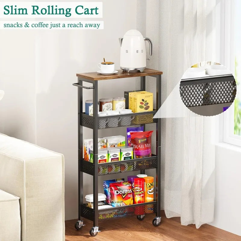 Slim Storage Cart 4 Tier Narrow Kitchen Rolling Cart