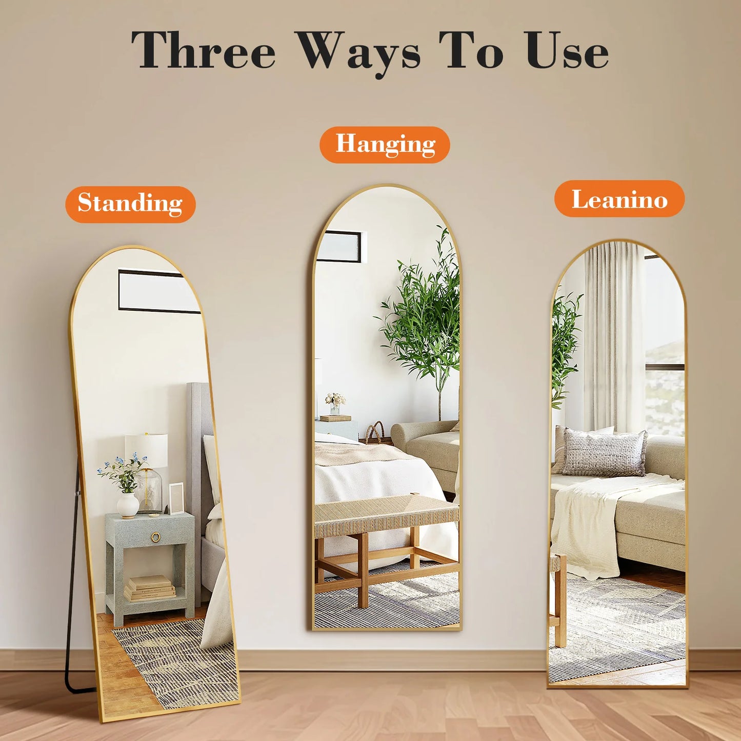 Full Length Arched Right Angle Mirror with Stand for Living Room