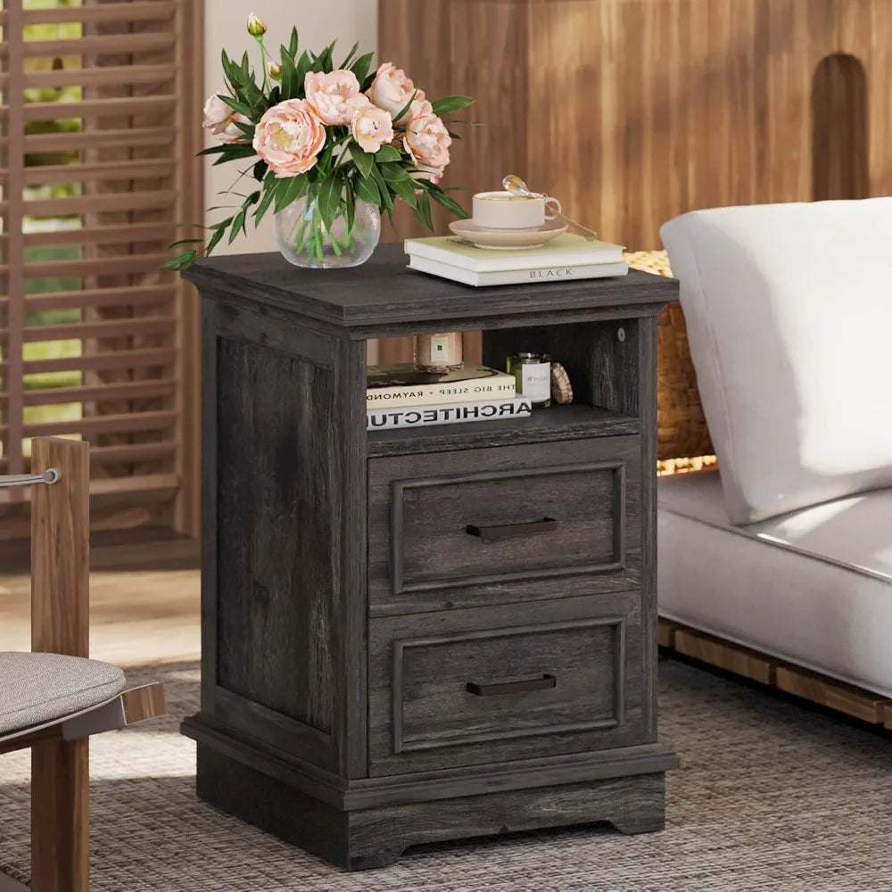 Farmhouse bedside table with storage drawers and open shelves