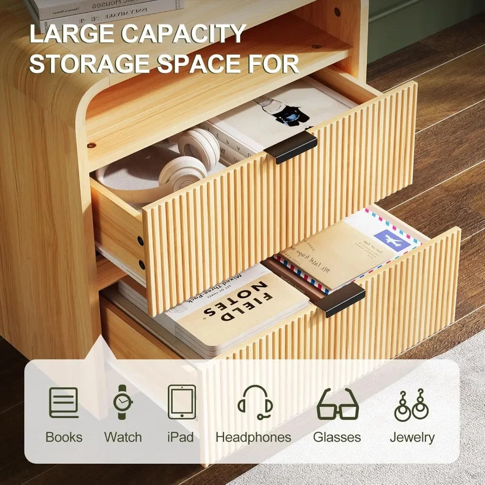 24" Fluted Nightstand with Charging Station, Wooden End Table