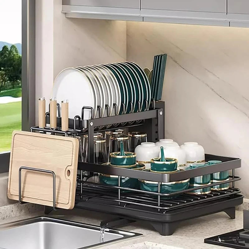 Double-layer dish drying rack suitable for kitchen countertops