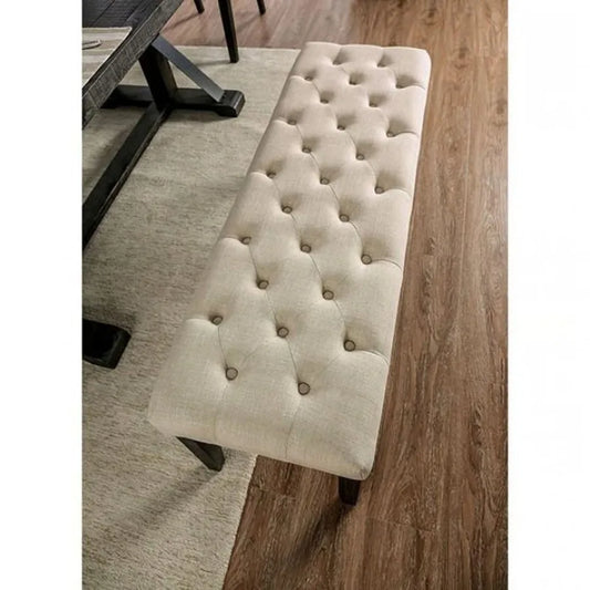 Classic Ivory 1PC BENCH Button Tufted Linen Like Fabric Solid Wood Chair