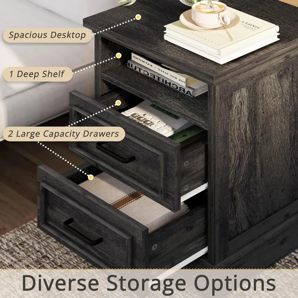 Farmhouse bedside table with storage drawers and open shelves