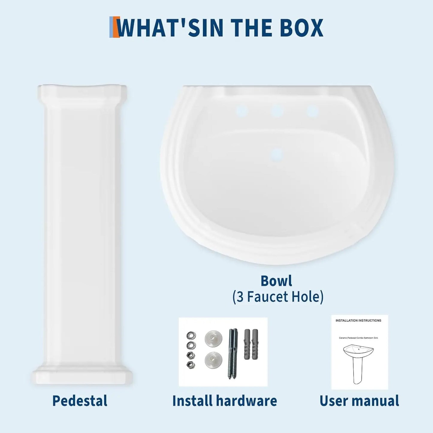 20x26in White Ceramic Pedestal Sink Freestanding Bathroom Sink with Overflow