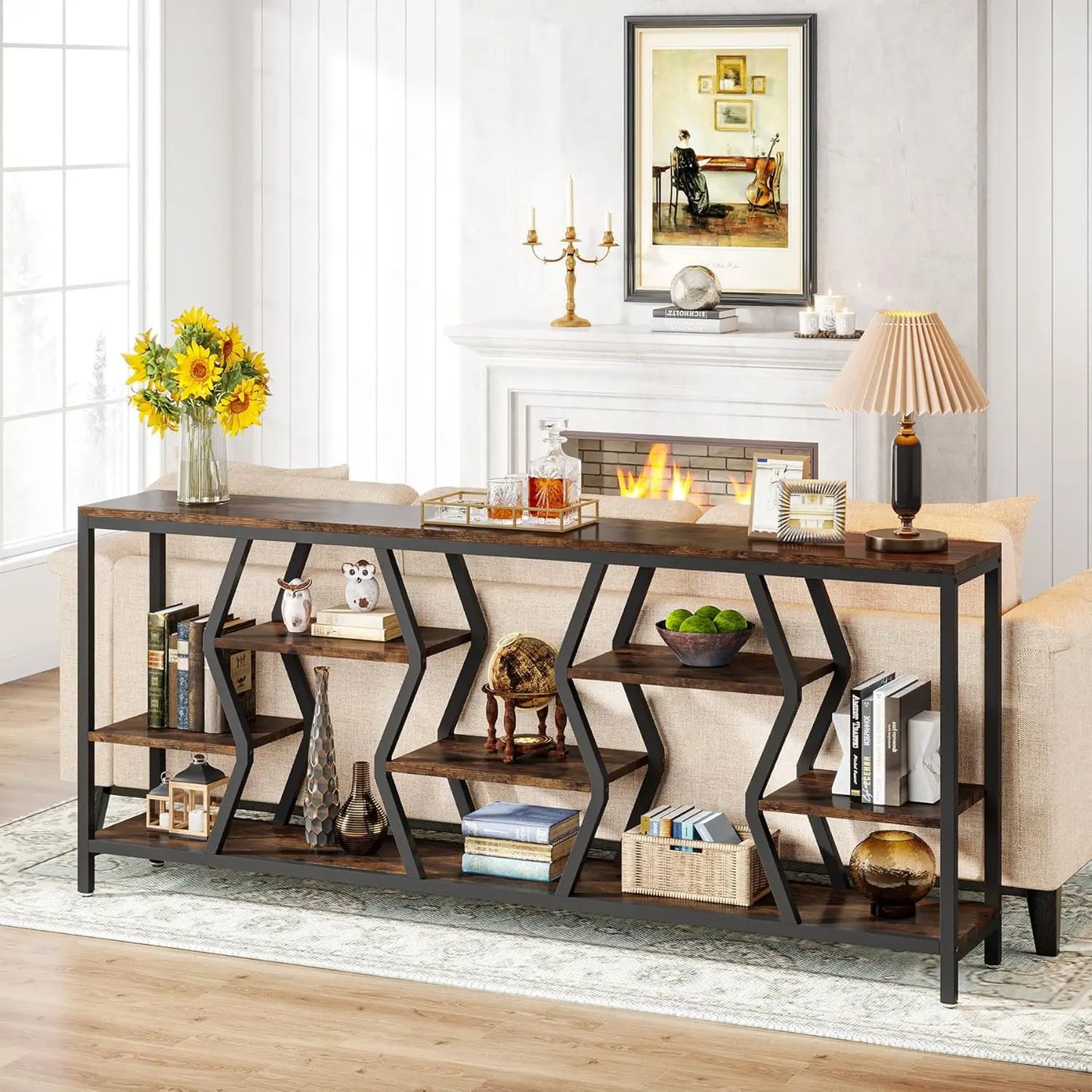 Sofa Console Table with 4 Tier Wood Storage Shelves