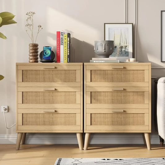 Set of 2 Rattan Nightstand with Charging Station