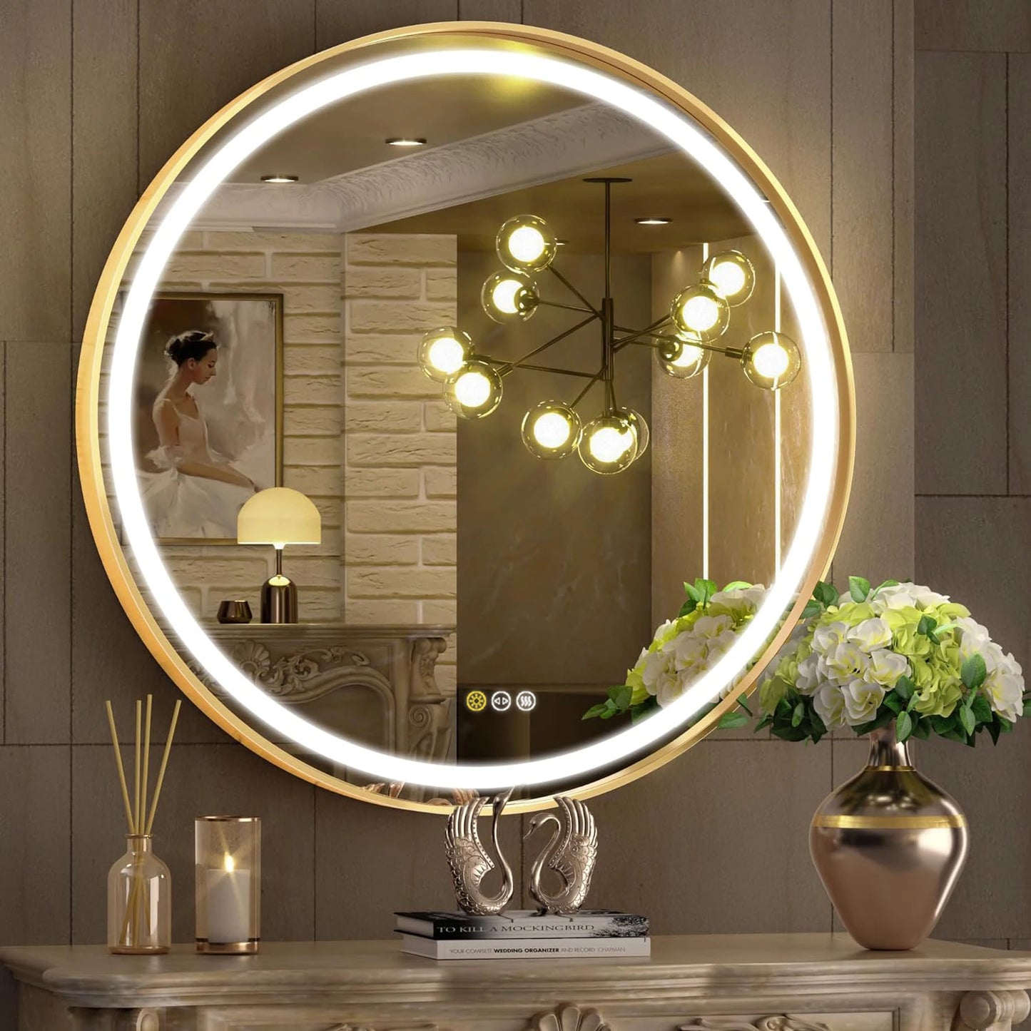 Dimmable, Hanging, Round LED Illuminated Bathroom Mirror