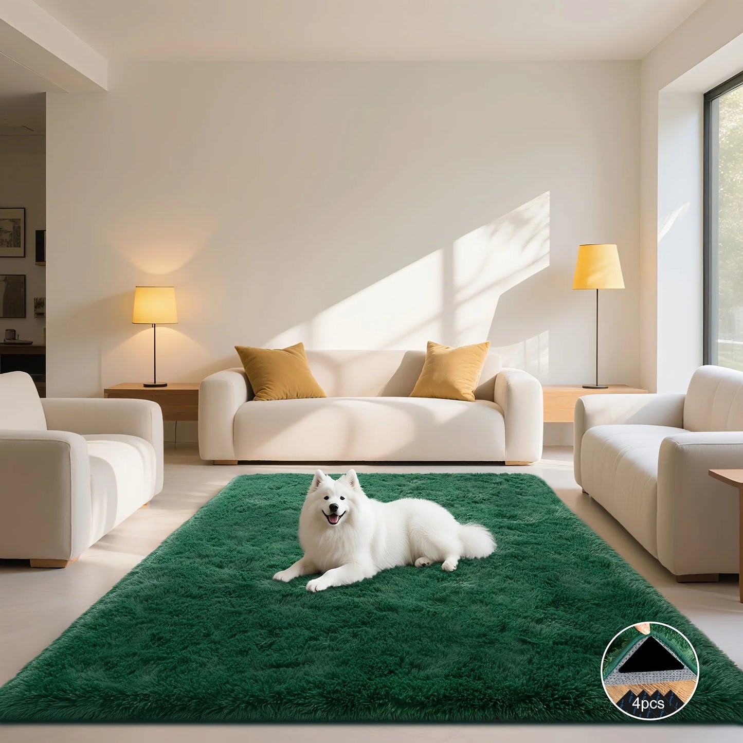 Dark Green Soft Shaggy Non-Slip Rugs, Plush Carpet with 4 Rug Stickers
