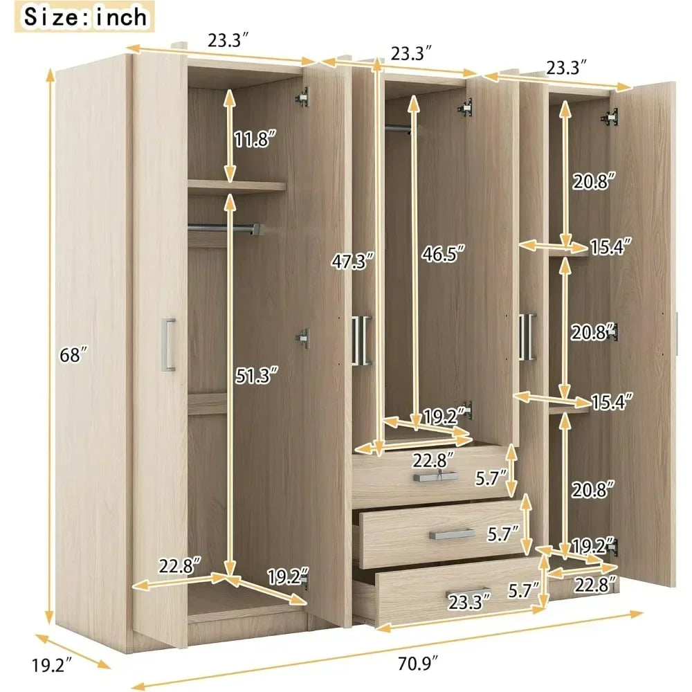 Large Wardrobe Closet 6 Doors, Wooden Wardrobe Cabinet with Big Drawers