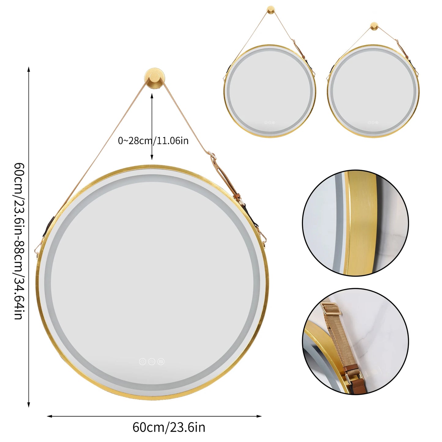 Dimmable, Hanging, Round LED Illuminated Bathroom Mirror