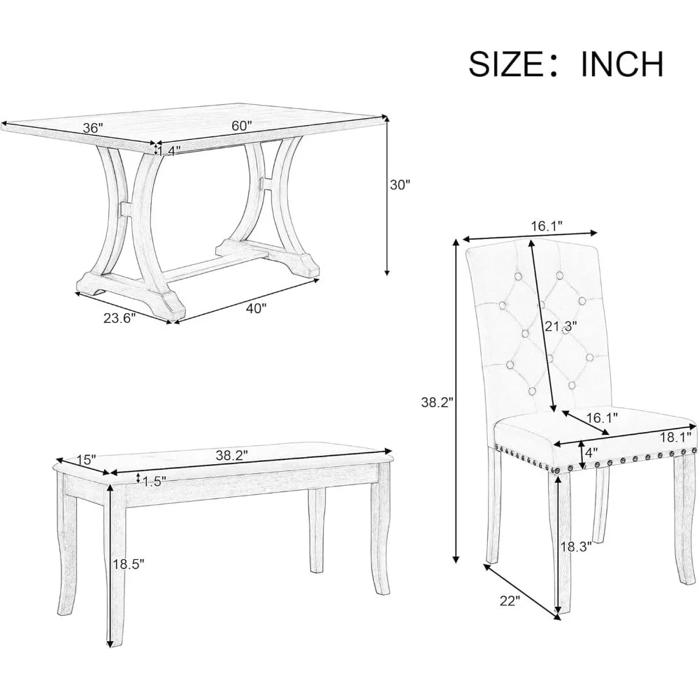 Set of 6, Farmhouse Dining Table with Chairs and Bench