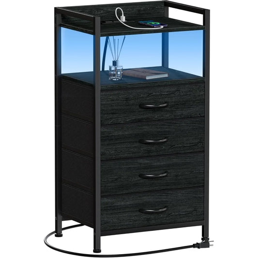Night Stand with Charging Station, with Drawers and Led Light