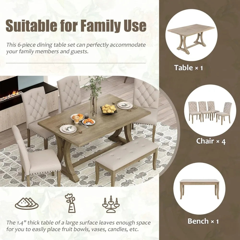 Set of 6, Farmhouse Dining Table with Chairs and Bench