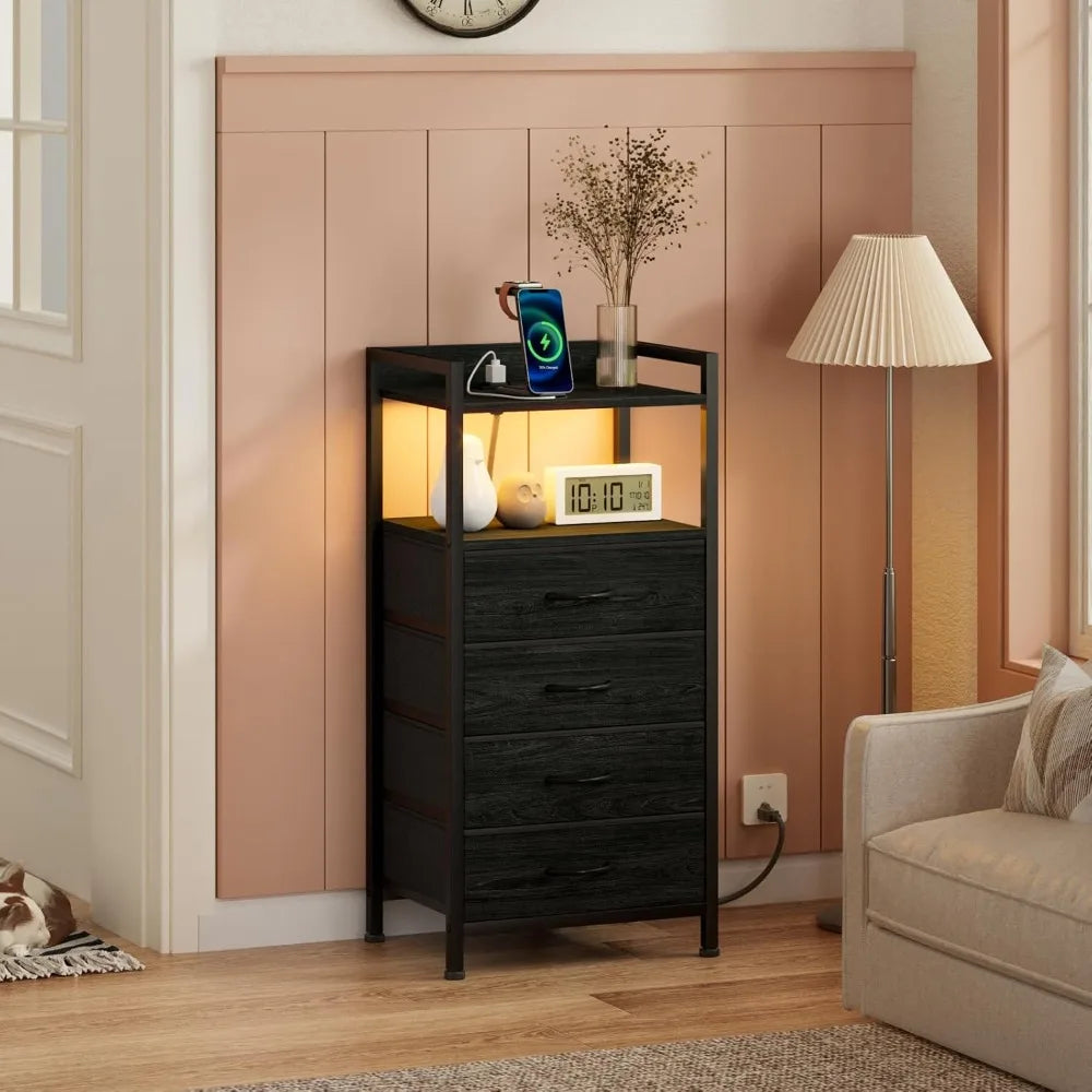 Night Stand with Charging Station, with Drawers and Led Light