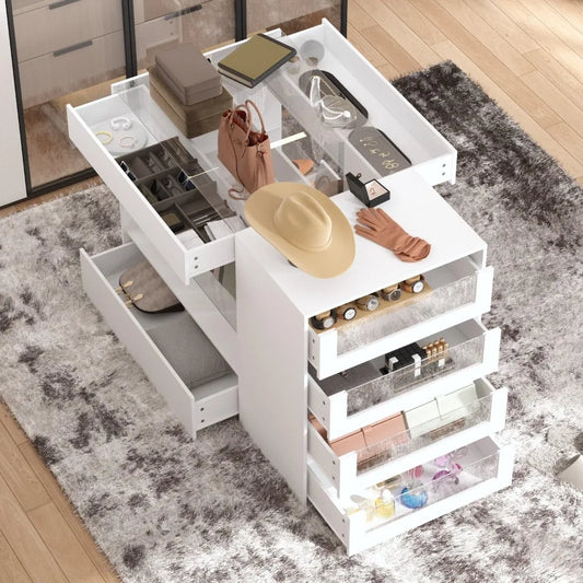 Armoire Bedroom Island Wardrobe Closet with 8 Drawers & Glass Tabletop