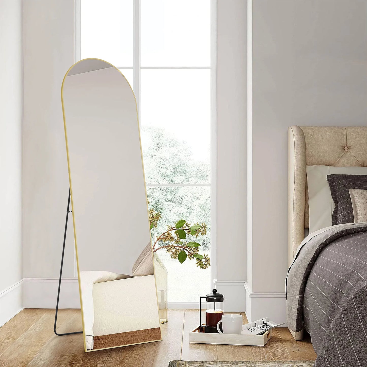 Full Length Arched Right Angle Mirror with Stand for Living Room