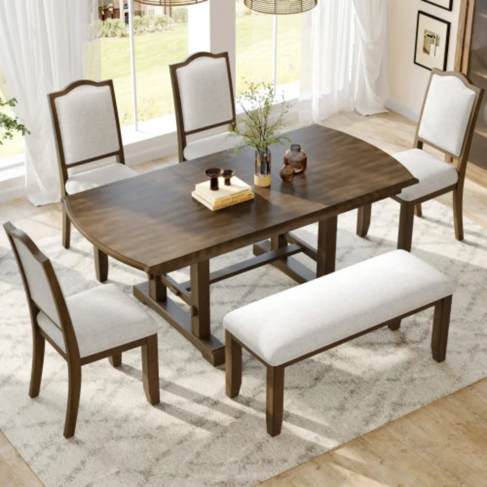 6-Piece Wood Dining Table Set, Extendable with Removable Leaf