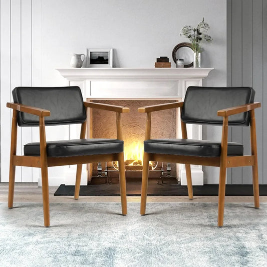 Mid Century Dining Chairs with Wooden Handrail, Fabric Upholstered Faux Leather