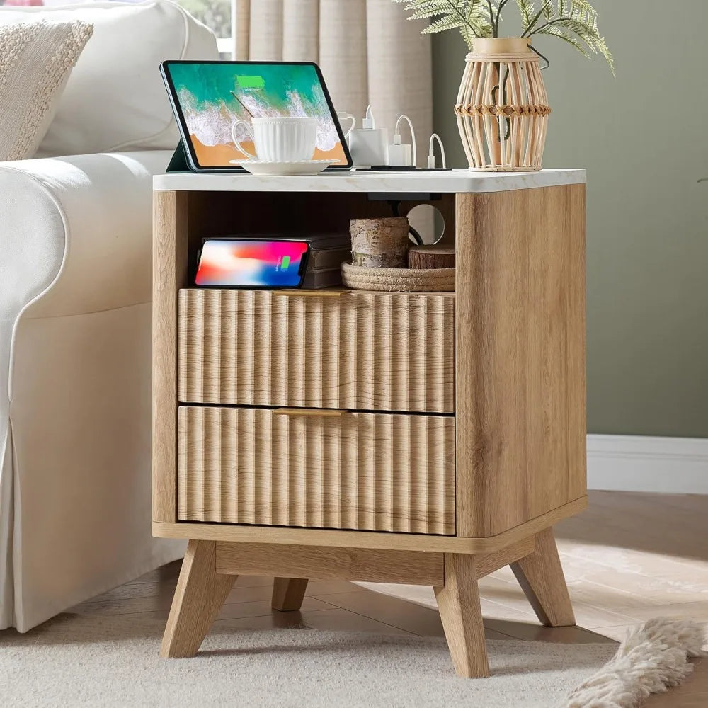 Fluted Nightstand Set of 2 with Charging Station, 18" Modern Side Table
