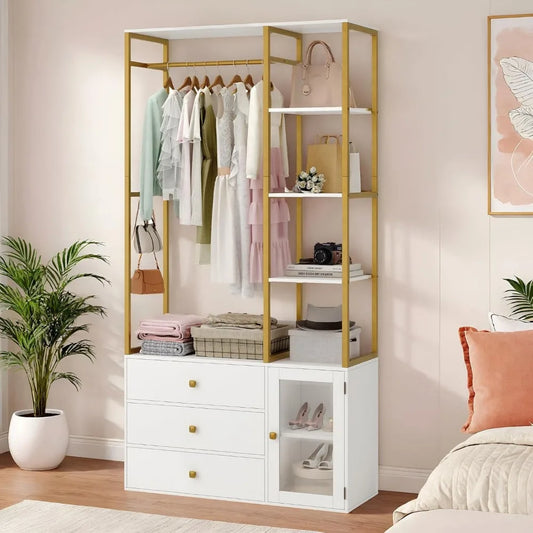 Closet System Organizer, 81.3” H Wardrobe Closet with 3 Wooden Drawers