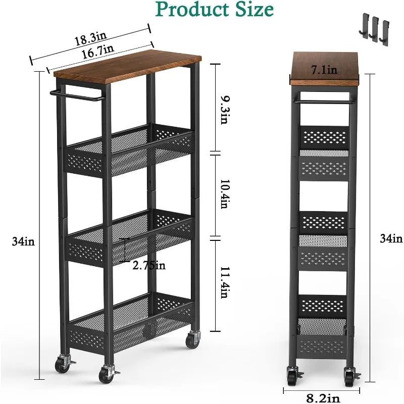 Slim Storage Cart 4 Tier Narrow Kitchen Rolling Cart