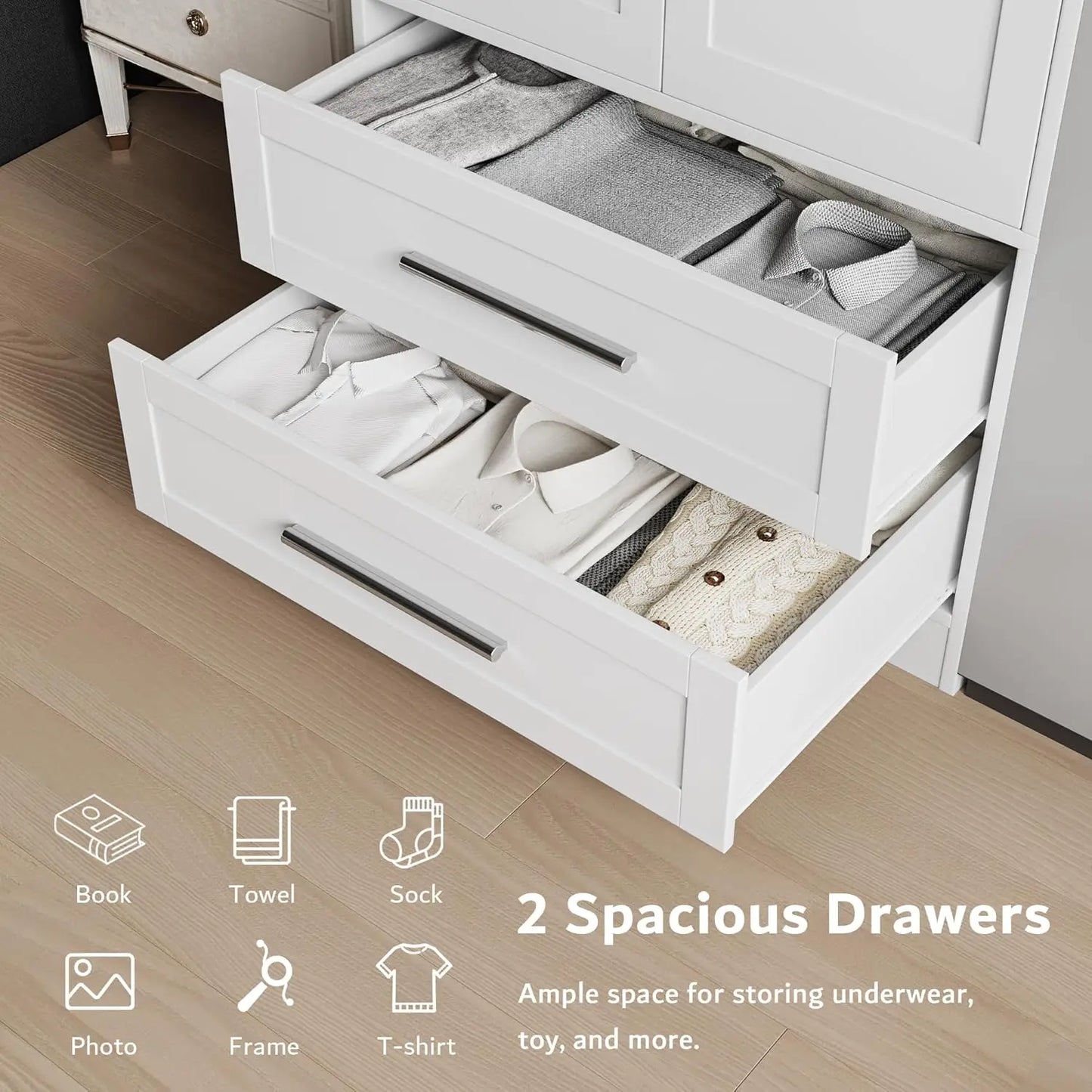 Armoire Wardrobe Closet with 2 Drawers, Modern Wooden Bedroom Armoire with Doors