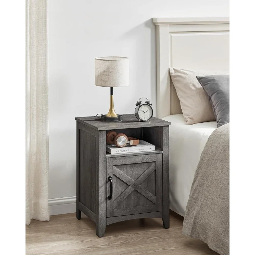 Set of 2, Farmhouse Nightstand with Barn Door