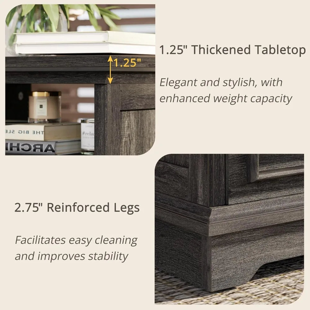 Farmhouse bedside table with storage drawers and open shelves