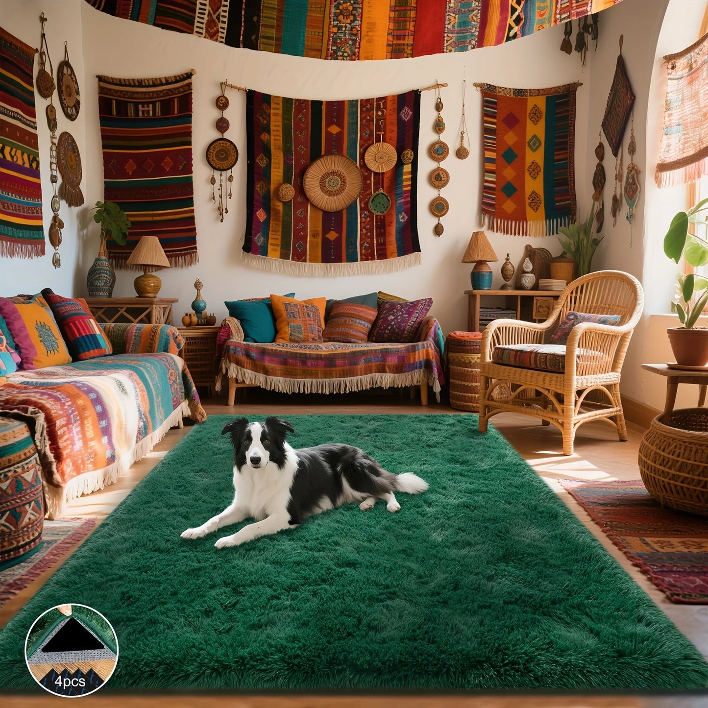 Dark Green Soft Shaggy Non-Slip Rugs, Plush Carpet with 4 Rug Stickers