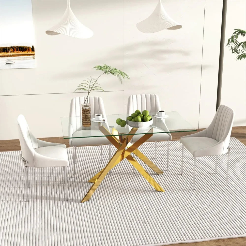 51.18" Rectangular Glass Dining Table, Tempered Glass with Metal Legs