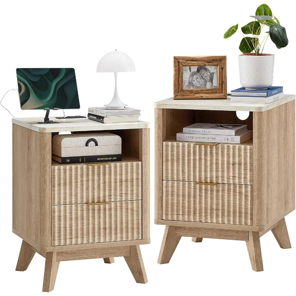 Fluted Nightstand Set of 2 with Charging Station, 18" Modern Side Table