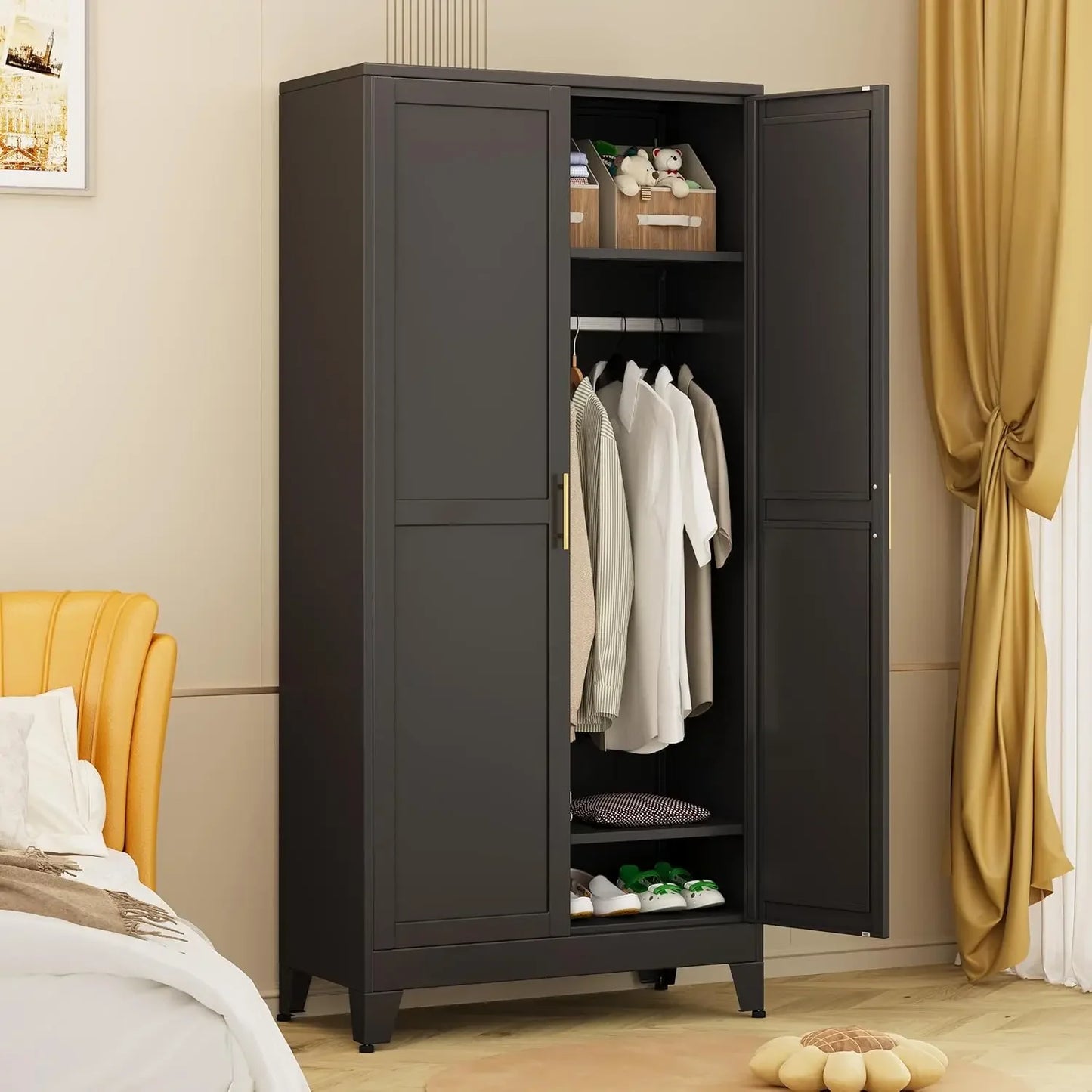 Wardrobe Closet with 2 Doors, 71" Tall Metal Clothing Storage Cabinet with Hanging Rod