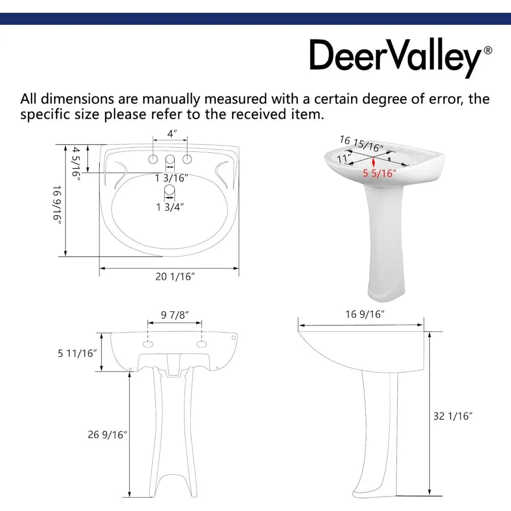 DeerValley Ally DV-1P52503 20" X 17" Modern U-Shape White Ceramic Pedestal Bathroom Sink