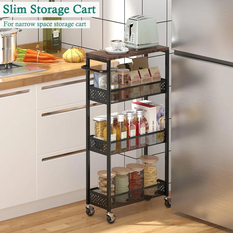 Slim Storage Cart 4 Tier Narrow Kitchen Rolling Cart