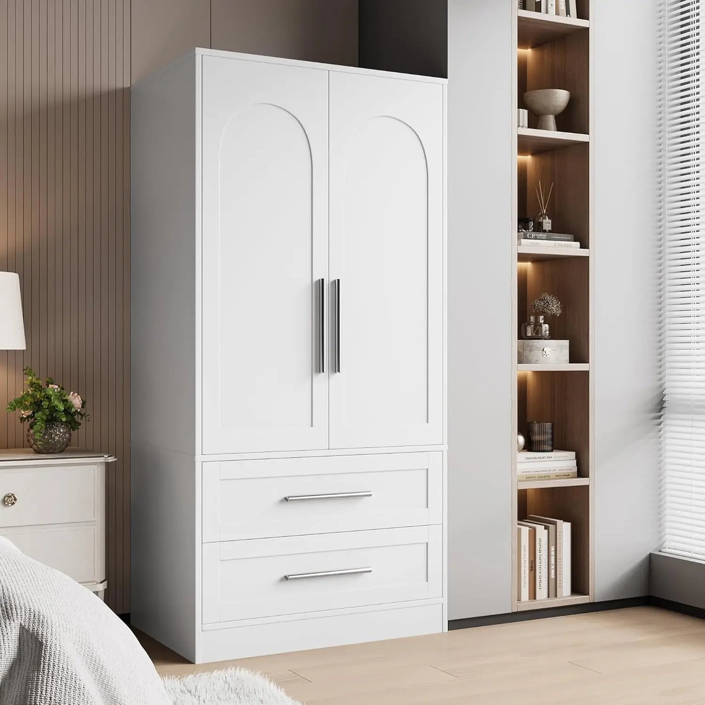 Armoire Wardrobe Closet with 2 Drawers, Modern Wooden Bedroom Armoire with Doors