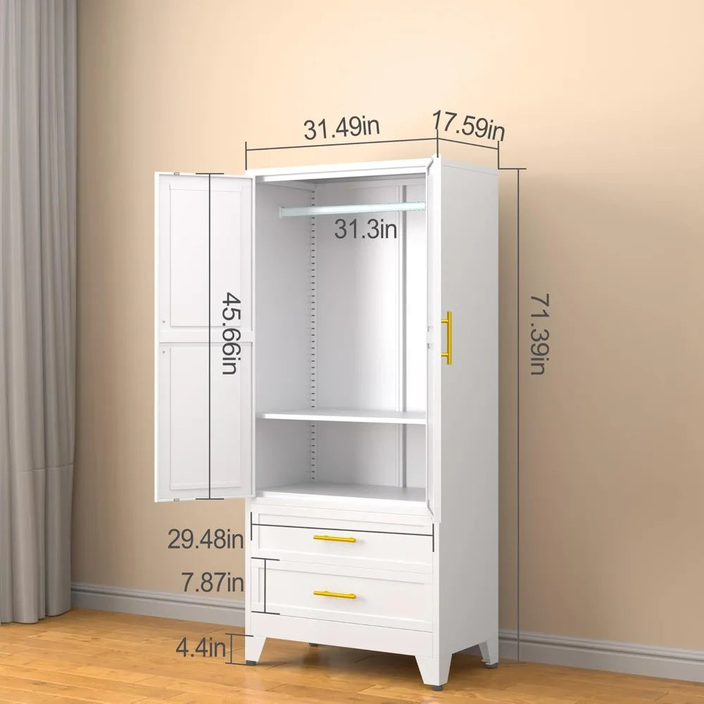 Metal Armoire Wardrobe Closet, 71 "Metal Clothing Storage Cabinet with Adjustable Shelves