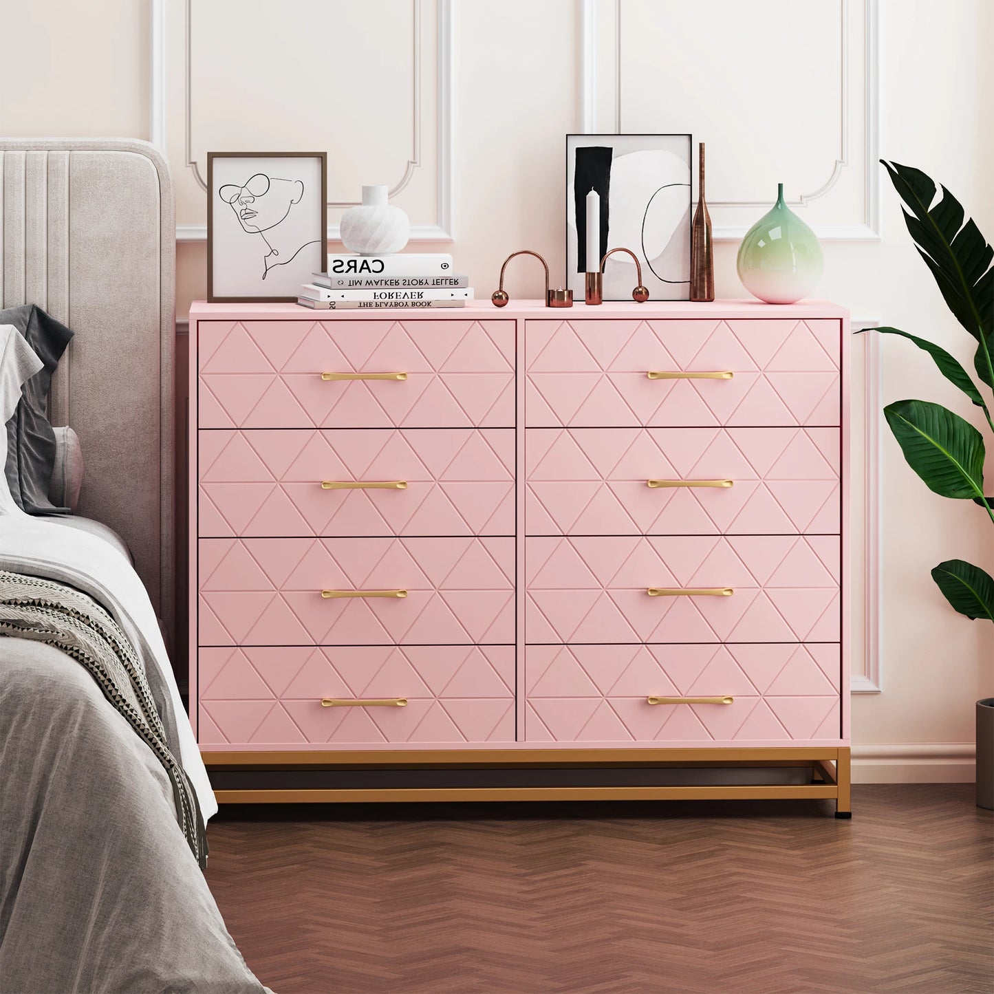 8 Drawer Dresser with Metal Handles, Modern Wood Chest of Drawers