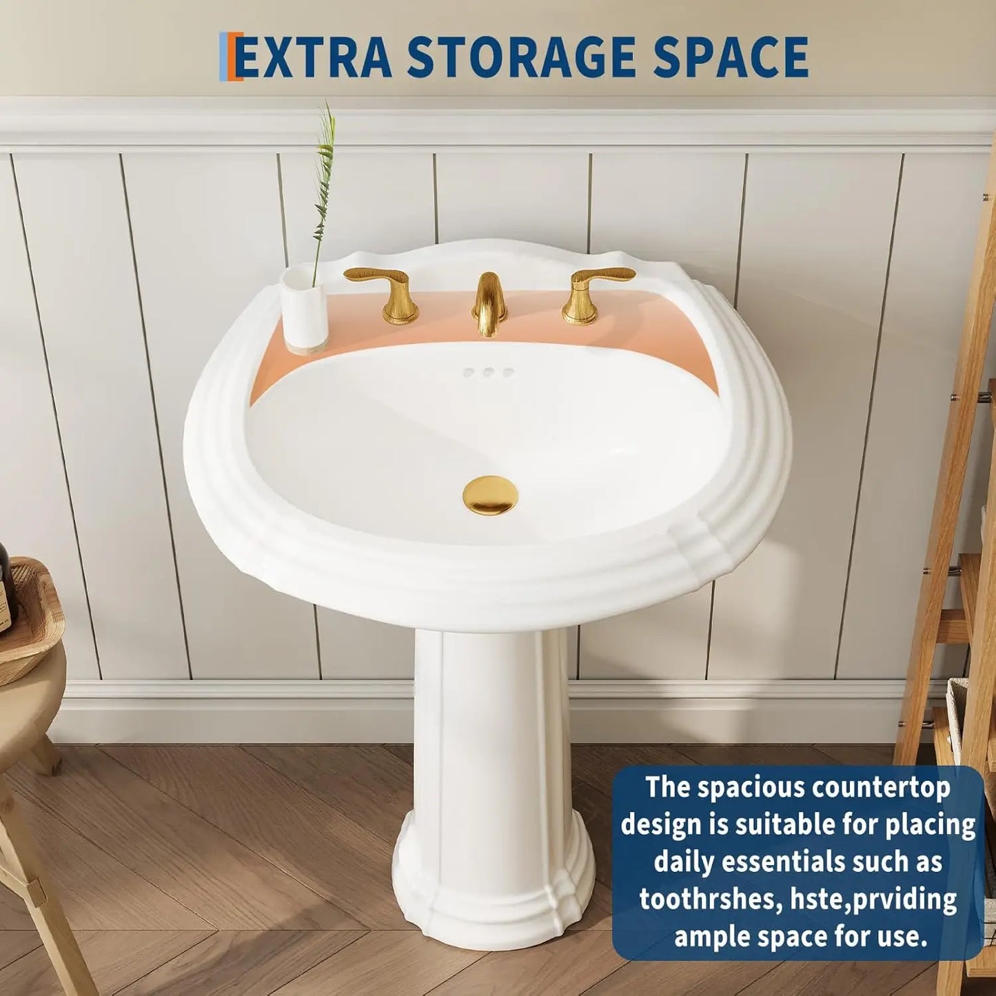 20x26in White Ceramic Pedestal Sink Freestanding Bathroom Sink with Overflow