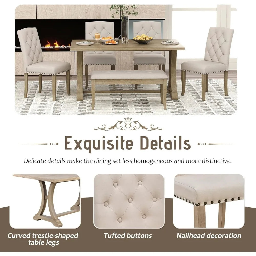 Set of 6, Farmhouse Dining Table with Chairs and Bench